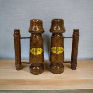 Indoor Outdoor Salt & Pepper Shakers Wood Vintage 1980s Dinning Kitchen - Read